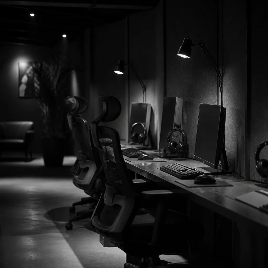 A quiet row of gaming stations against a sound-damped wall with dim task lamps