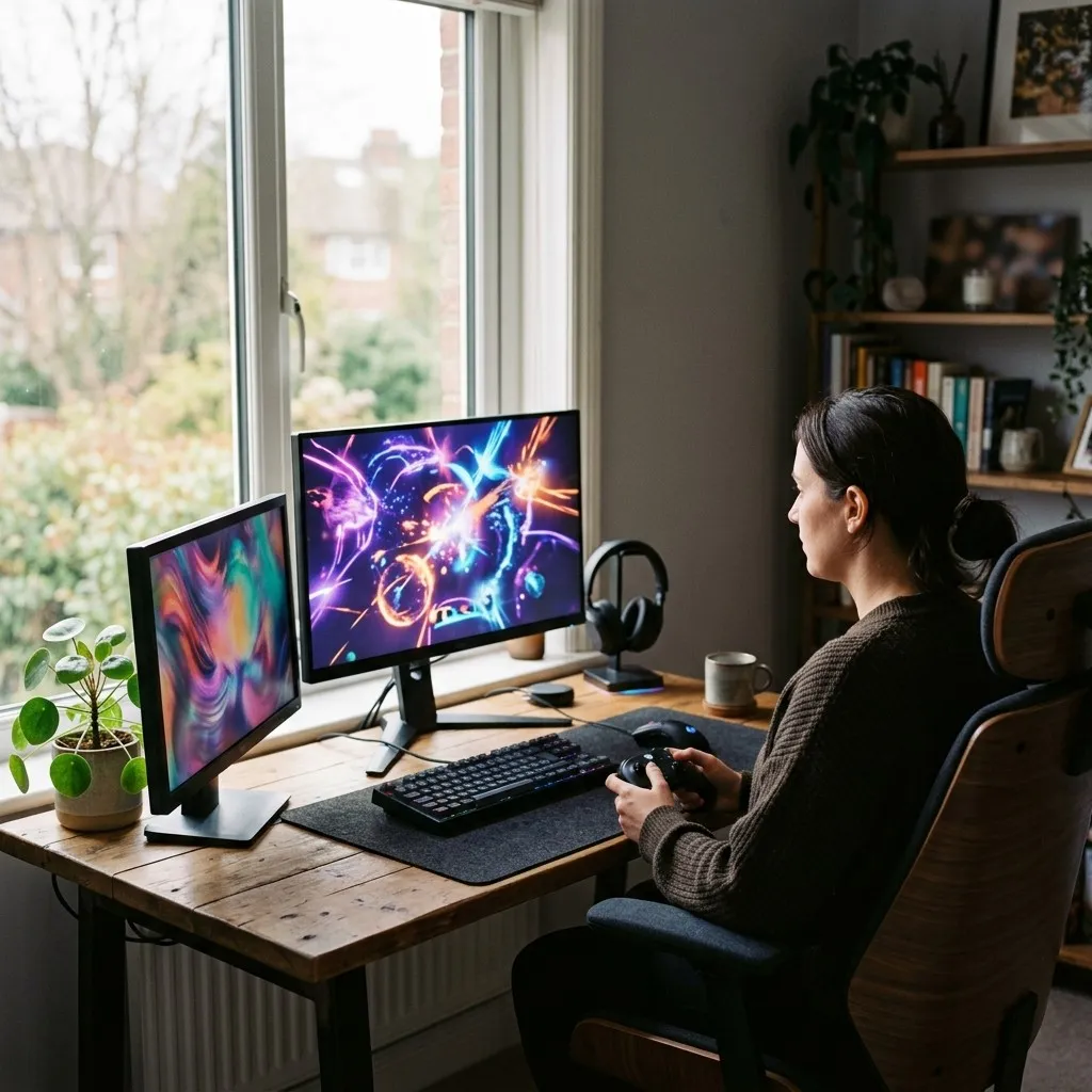 Gaming stations lined up beside a bright window in the computer club